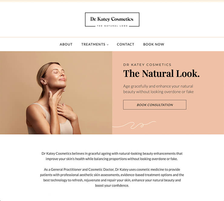 Home page of Dr Katey Cosmetics, showing copywriting by Make Words Work.