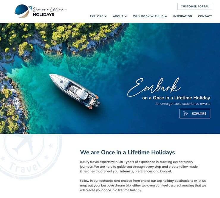 Home page of Once in a Lifetime Holidays, showing copywriting by Make Words Work.